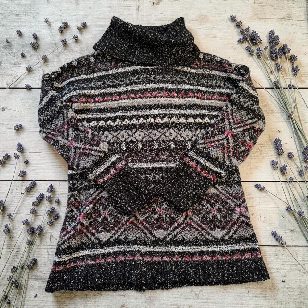 Eddie Bauer Fair Isle Shimmer‎ Turtleneck Wool Blend Sweater Pink Gray Womens M